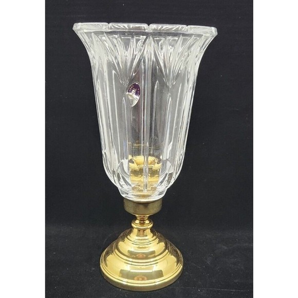 Vtg 24% Lead Crystal Hurricane Candle Holder Lamp Gold Tone Base 12" - Picture 7 of 12